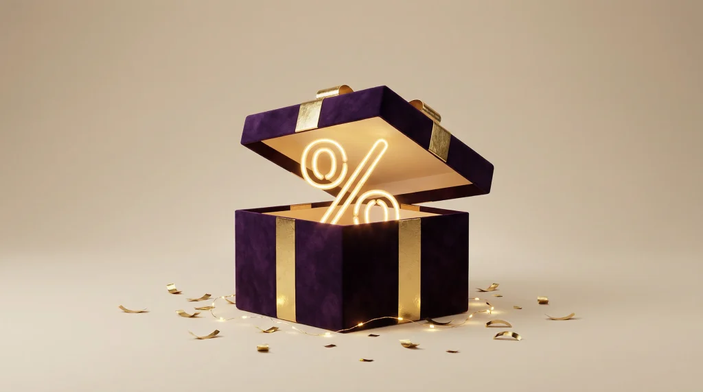 Coffret cadeau ouvert avec symbole de pourcentage de bonus
