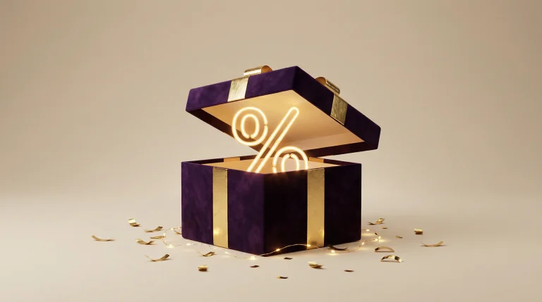 Coffret cadeau ouvert avec symbole de pourcentage de bonus
