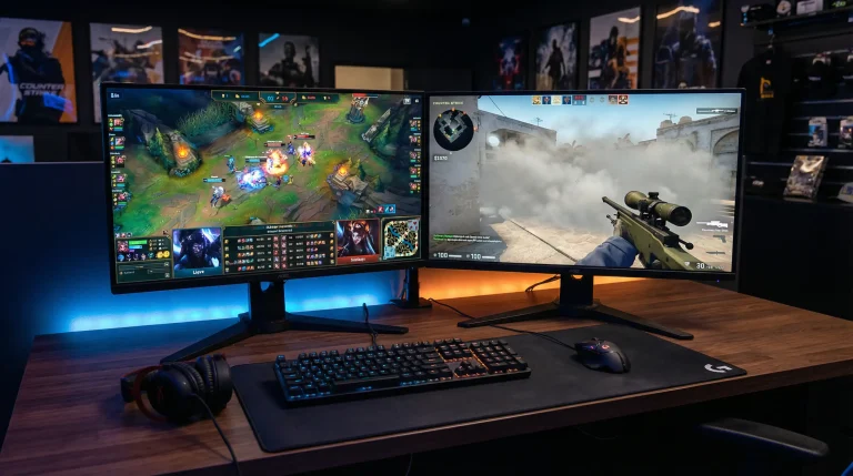 Écrans côte à côte montrant League of Legends et Counter-Strike 2 en compétition esport