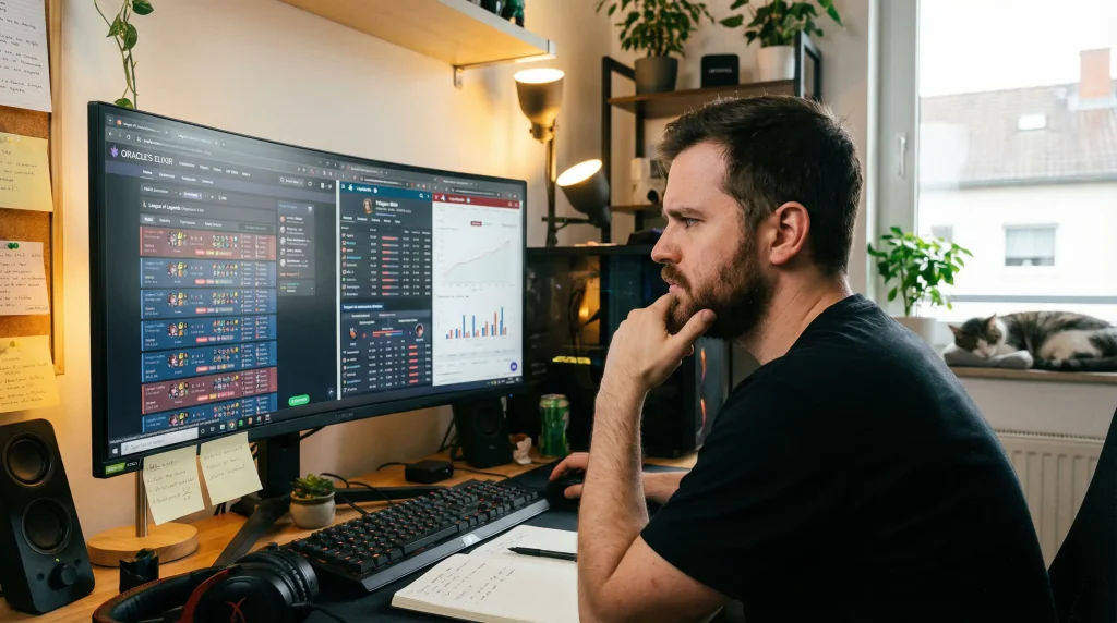 Parieur esport analysant des statistiques League of Legends sur écran d'ordinateur