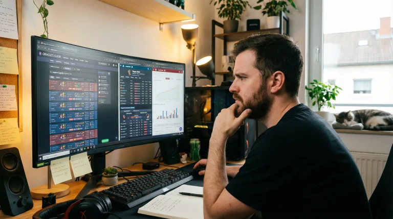 Parieur esport analysant des statistiques League of Legends sur écran d'ordinateur
