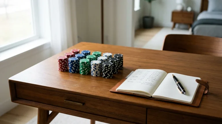 Jetons de poker et billets sur un bureau avec graphique de gestion de capital