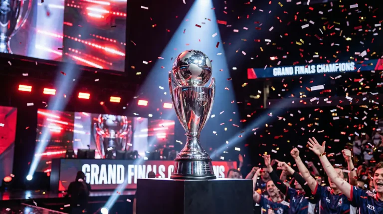 Logo T1 et trophée de champion du monde League of Legends