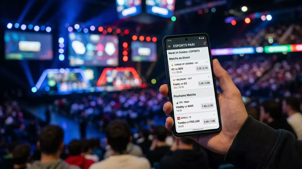Smartphone affichant une application de paris esport