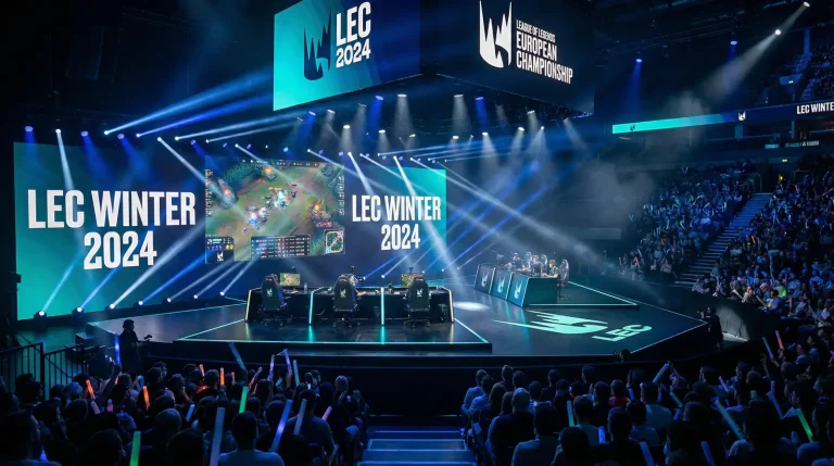 Scène de compétition LEC avec joueurs professionnels de League of Legends