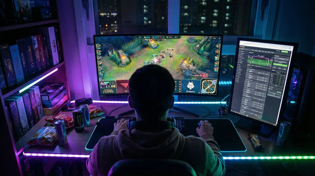Joueur pariant en direct pendant un match de League of Legends sur son ordinateur