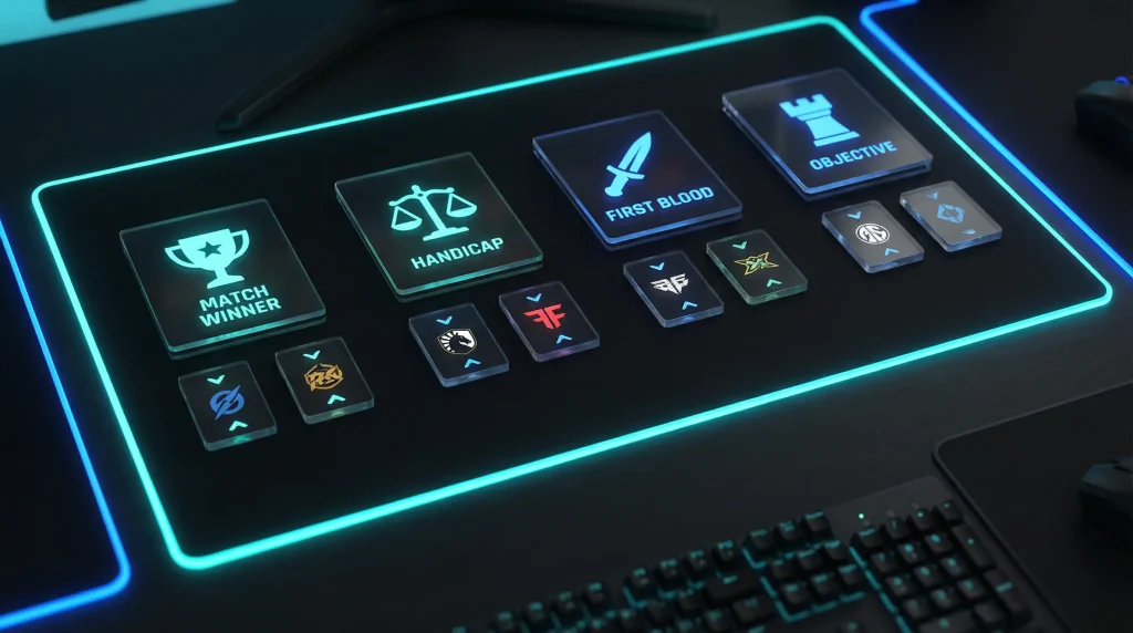 Guide complet des types de paris sur League of Legends avec explication des marchés moneyline handicap kills et objectifs esport